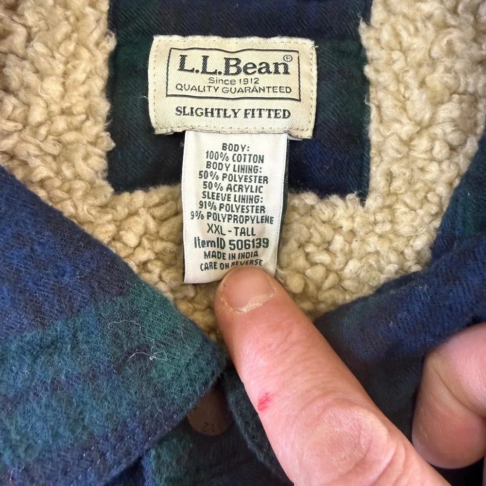LLBean Plaid‎ Sherpa Lined Flannel Shirt Jacket Men's XXL Tall Blue Green WOW!!!